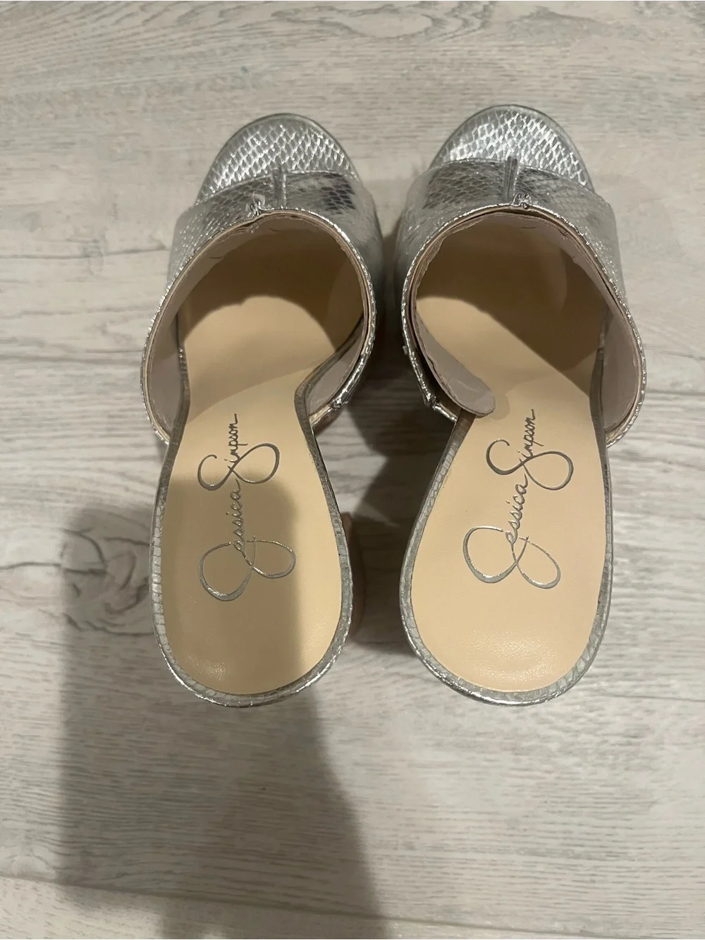 Jessica Simpson XONA Metallic Silver Snake-Texture Cork Wedge Mules